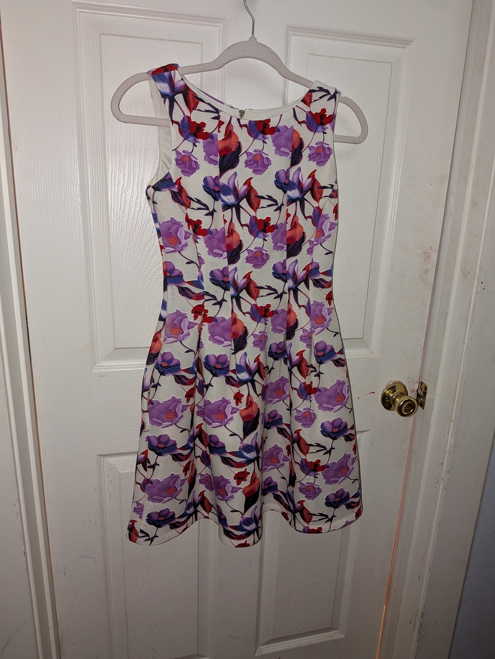 Gabby Skye Cream Dress with Purple & Red Floral Print